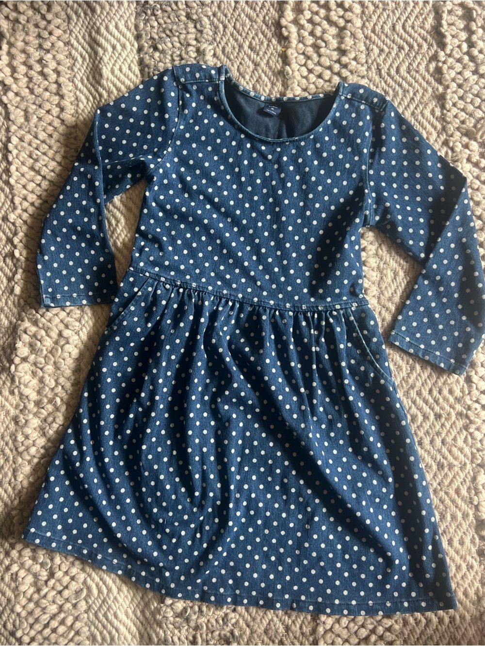 GAP Blue Polka Dot Denim Long-Sleeve Dress